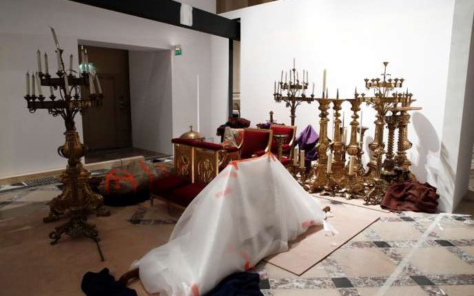 Saved treasures from Notre-Dame Cathedral are seen in a room at Paris city hall after a massive fire devastated large parts of the gothic cathedral in Paris